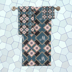 Modern Chic Geometric Floral Monogram Pattern Bath Towel Set