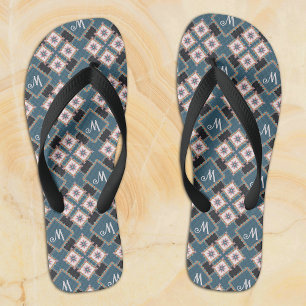 Modern Chic Geometric Floral Monogram Pattern Thongs