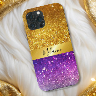 modern chic glam gold purple glitter monogram  iPhone 13 pro max case