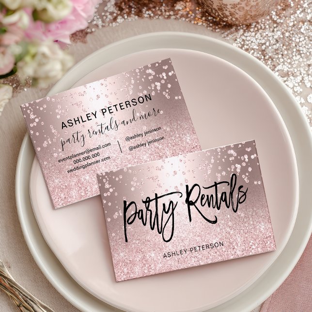 Modern Chic Glam Rose Gold Glitter Party Rentals Business Card (Modern Chic Glam Rose Gold Glitter Party Rentals Business Card)