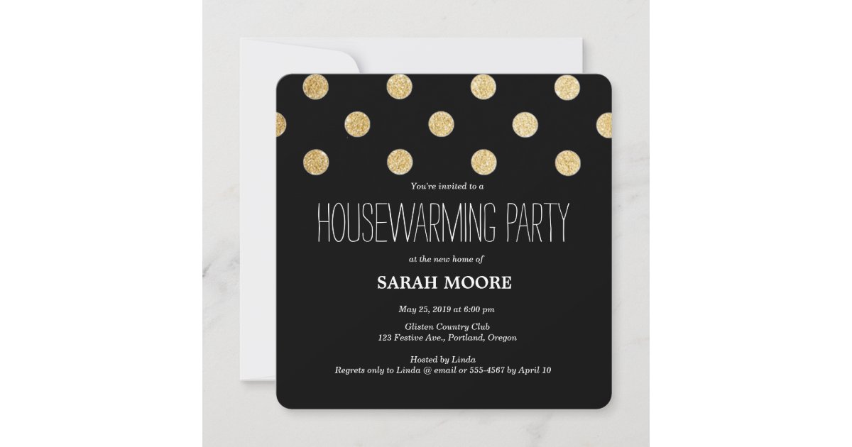 Modern Chic Glitter Gold Black Housewarming Party Invitation | Zazzle