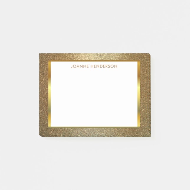 Modern chic glitter gold white personalised post-it notes (Front)