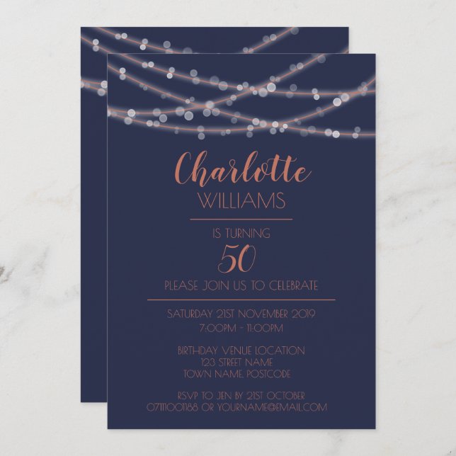 Modern Chic Glow String Lights 50th Birthday Invitation (Front/Back)