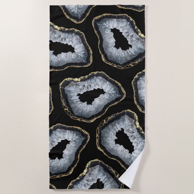Modern Chic Gold Black White Agate Geode Stones Beach Towel (Front)