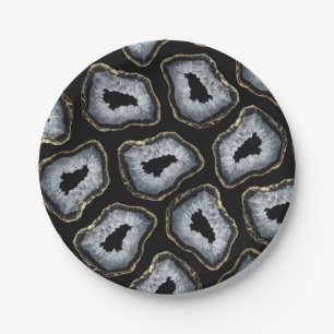 Modern Chic Gold Black White Agate Geode Stones Paper Plate