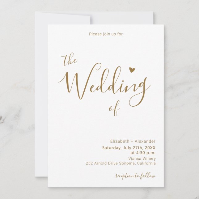 Modern Chic Gold Calligraphy Script Heart Wedding  Invitation (Front)