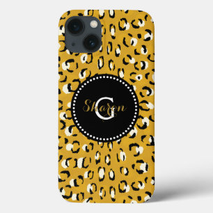 Modern chic gold cheetah print pattern monogram iPhone 13 case