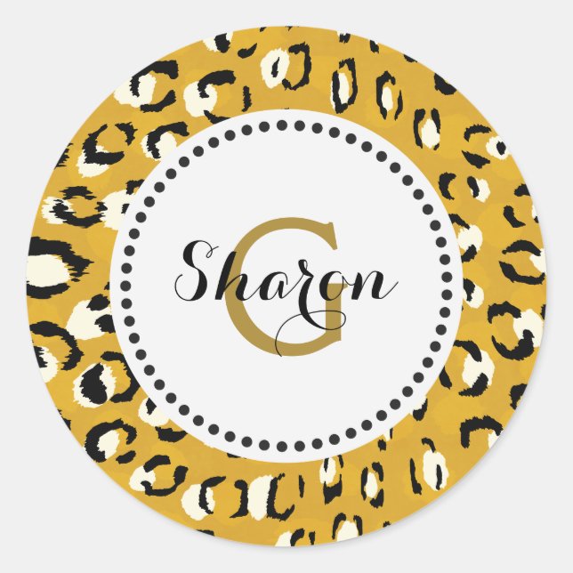 Modern chic gold cheetah print pattern monogram classic round sticker (Front)