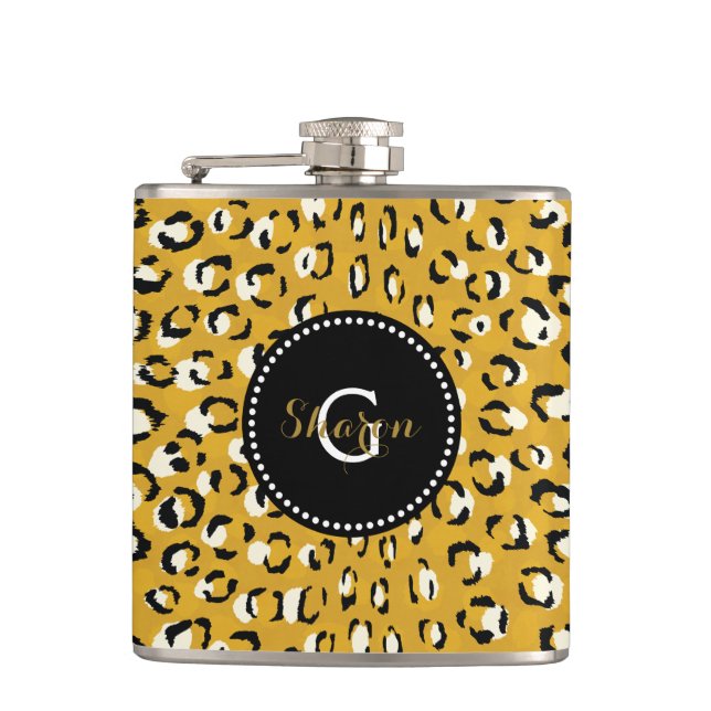 Modern chic gold cheetah print pattern monogram hip flask (Front)