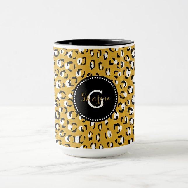 Modern chic gold cheetah print pattern monogram mug (Center)