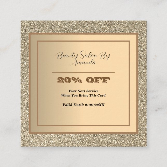 Modern Chic Gold Foil Glittery Glam Salon Discount Square Business Card (Front)