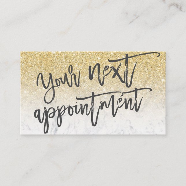Modern chic gold glitter marble script typography appointment card (Front)
