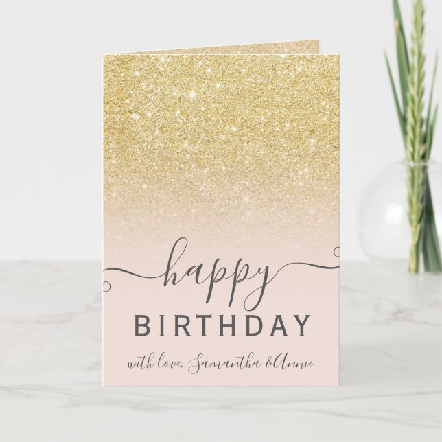 Modern chic gold glitter ombre 2 photo birthday card (Front)