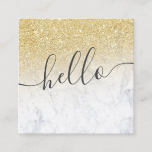 Modern chic gold glitter ombre white marble hello square business card