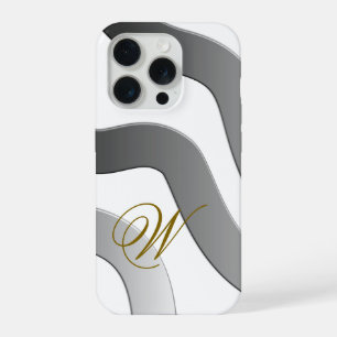 Modern chic gold monogram abstract white grey line iPhone 15 pro case