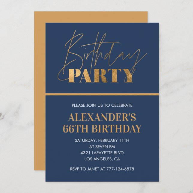  Modern Chic Gold Navy blue 66th birthday party Invitation (Front/Back)