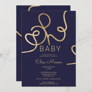 Modern chic gold navy calligraphy Oh baby shower Invitation