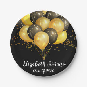 Modern Chic Gold On Black Balloons And Confetti Paper Plate