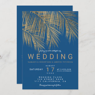 Modern chic gold palm tree elegant blue wedding invitation