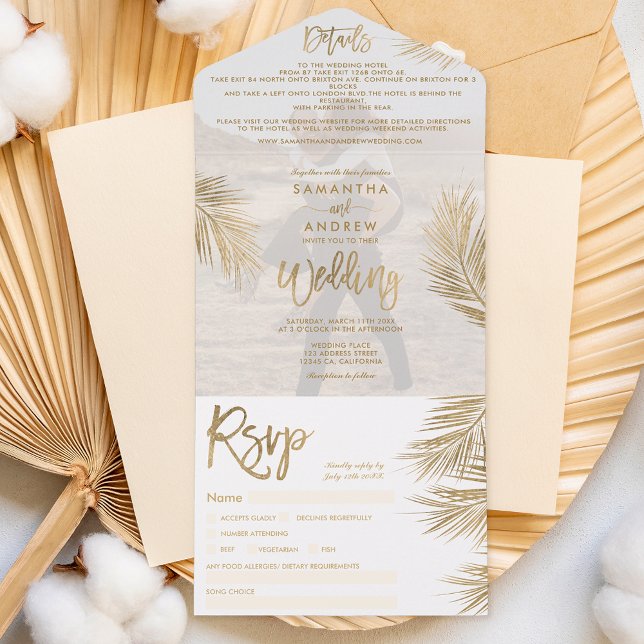 Modern chic gold palm tree tropical wedding photo all in one invitation (Creator Uploaded)