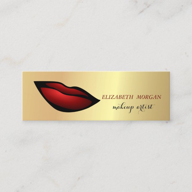 Modern Chic Gold, Red Lips, Makeup artist Mini Business Card (Front)