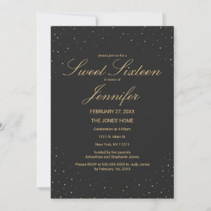 Modern Chic Gold Speckled on Black Sweet 16 Invitation