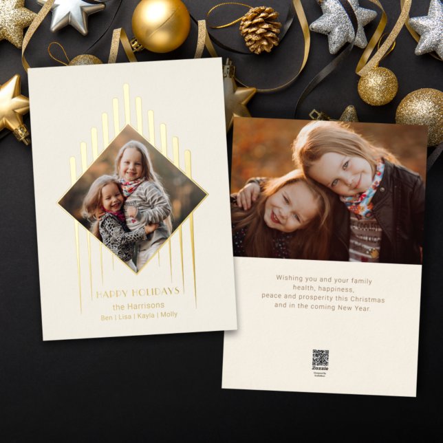 Modern Chic Gold Strokes w/Diamond-Shaped Photo Foil Holiday Card (Creator Uploaded)