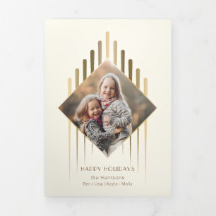Modern Chic Gold Strokes w/Diamond-Shaped Photo Tri-Fold Card