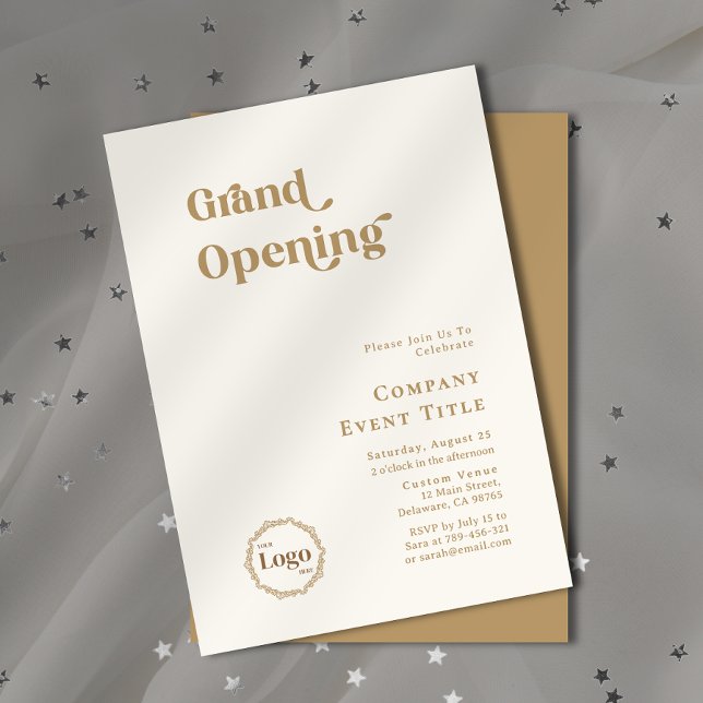Modern Chic Gold Typography Grand Opening Company Invitation (Property Photo Background Typography Open House Invitation)