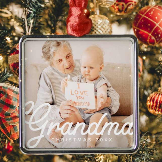 Modern Chic Grandma Photo Christmas Holiday Metal Ornament (Creator Uploaded)