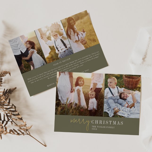 Modern Chic Green and Gold Foil Photo Collage News Foil Holiday Card (Creator Uploaded)