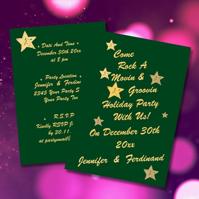 Modern Chic Green and Gold Stars Groovy Holiday Invitation (Modern chic gold script on green background with gold stars groovy holiday party invitation.)
