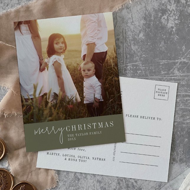 Modern Chic | Green Christmas Photo Year in Review Holiday Postcard (Creator Uploaded)
