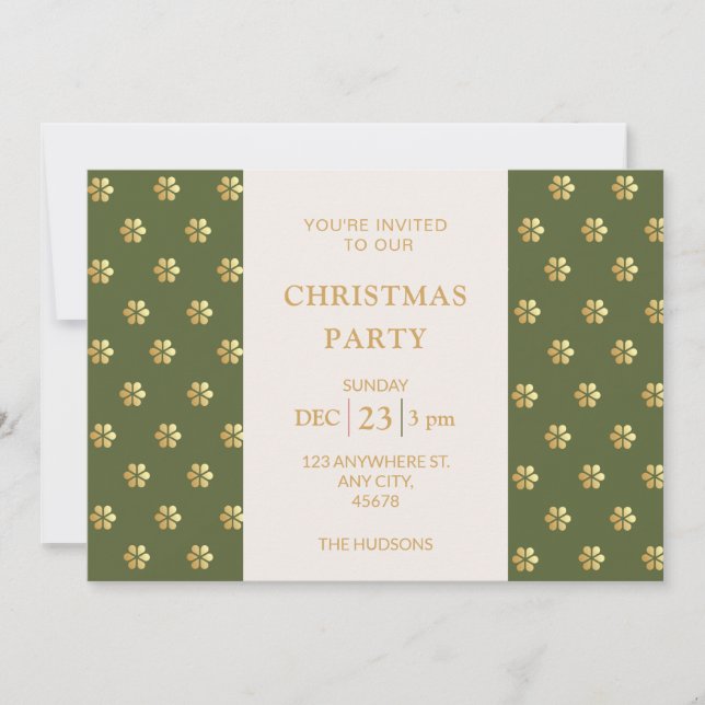 Modern Chic Green + Gold Daisy Christmas Party Holiday Card (Front)