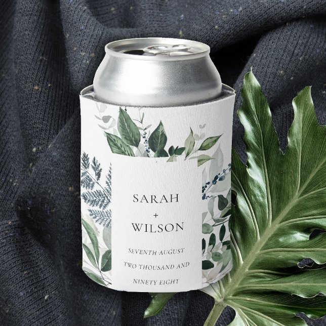 Modern Chic Green Leafy Tropical Foliage Wedding Can Cooler (Creator Uploaded)