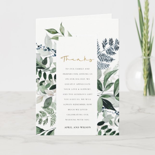 Modern Chic Green Leafy Tropical Foliage Wedding Thank You Card (Front)