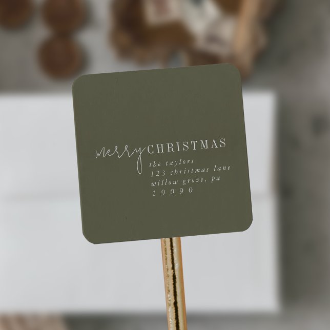 Modern Chic | Green Merry Christmas Return Address Square Sticker (Creator Uploaded)