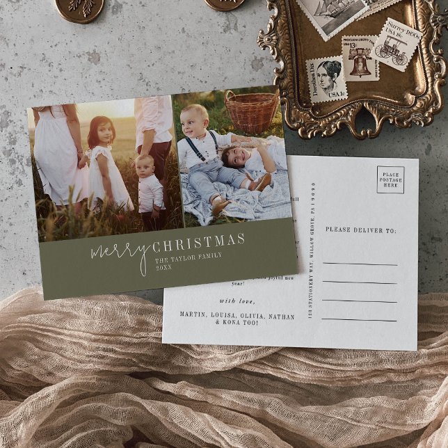 Modern Chic | Green Photo Collage Christmas News Holiday Postcard (Creator Uploaded)