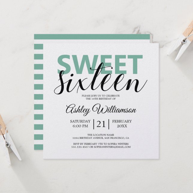 Modern Chic Green White Stripes Pink Sweet 16 Invitation (Front/Back In Situ)