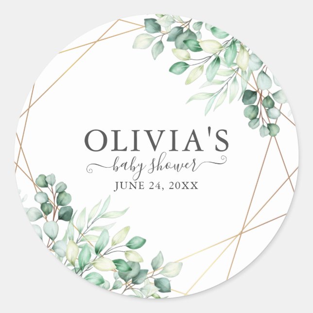Modern Chic Greenery Eucalyptus Gold Baby Shower Classic Round Sticker (Front)
