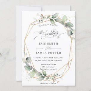 Modern Chic Greenery Leafy Gold Geometric Wedding Invitation