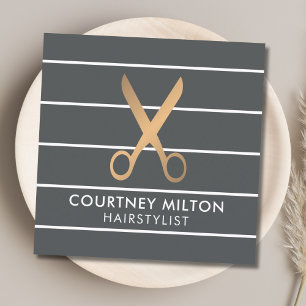 Modern Chic Grey Stripes Faux Gold Hair Stylist Square Business Card