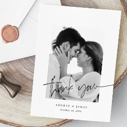 Modern Chic Hand-Lettered White Photo Wedding Thank You Card