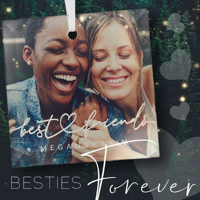 Modern Chic Heart Best Friends Besties BFF Photo Glass Tree Decoration (Creator Uploaded)