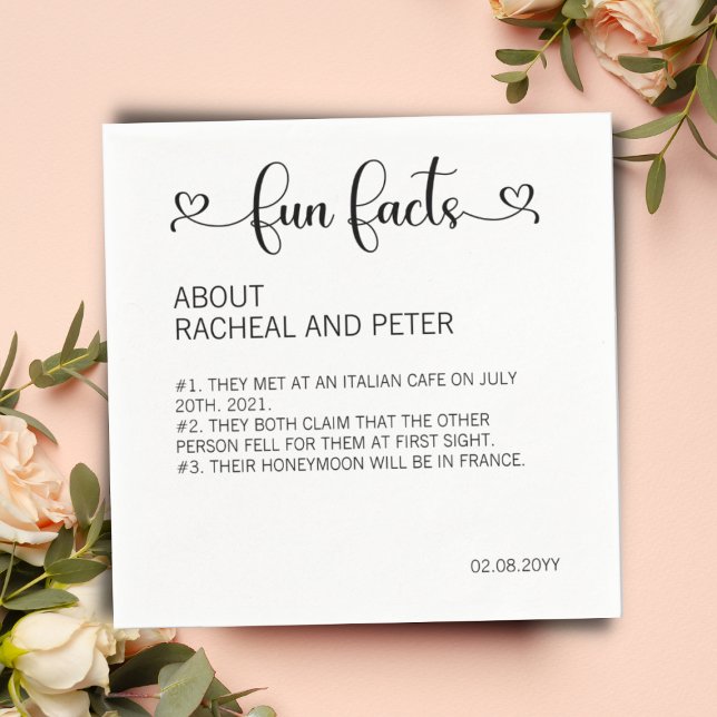 Modern Chic Heart Fun Facts Script Wedding Napkin (Creator Uploaded)