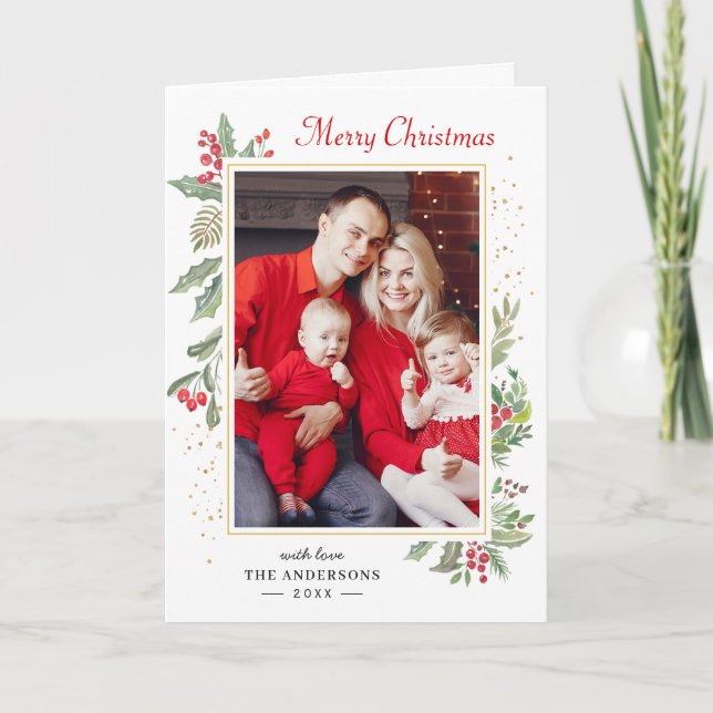Modern Chic Holly Berries Merry Christmas Photo Holiday Card (Front)