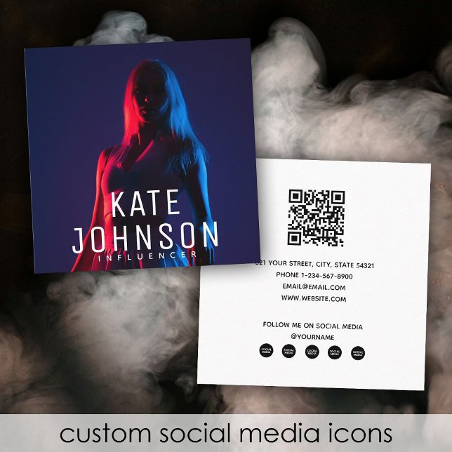 Modern Chic Influencer Photo QR Code Social Media Square Business Card (Modern Chic Influencer Photo QR Code Social Media Square Business Card)