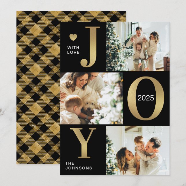 Modern Chic Joy Black Gold Photo Collage Christmas Holiday Card (Front/Back)