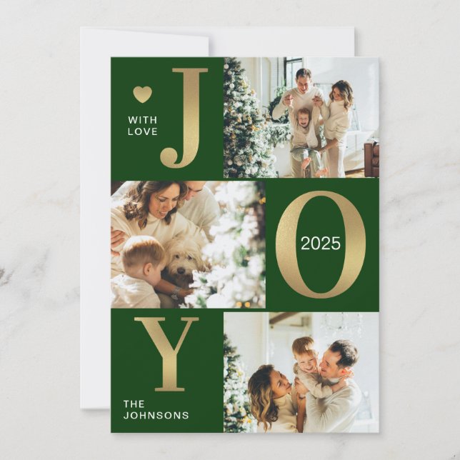 Modern Chic Joy Green Gold Photo Collage Christmas Holiday Card (Front)