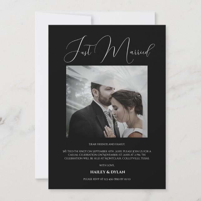 Modern Chic Just Married Black Invitation (Front)